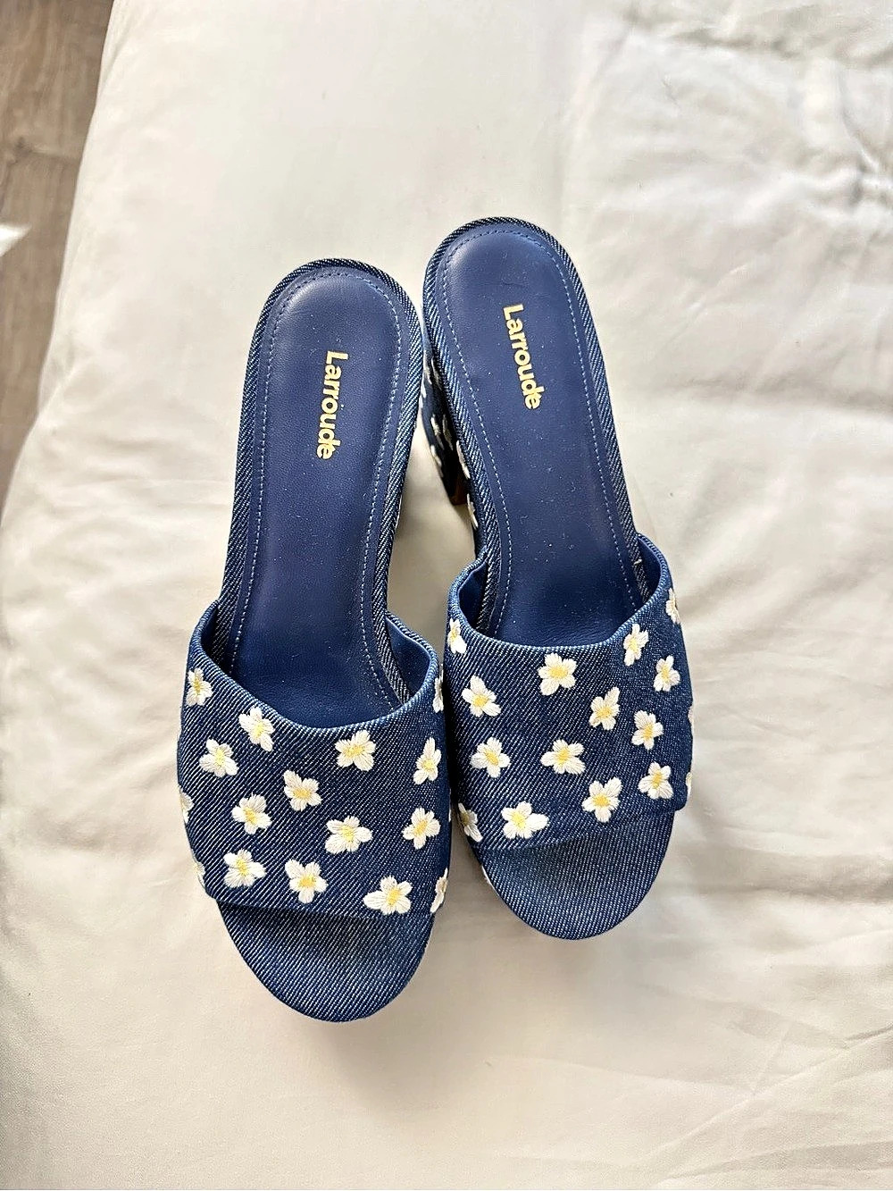 Larroude Miso Platform Sandal Floral Denim Platform Mules in Blue & White Like